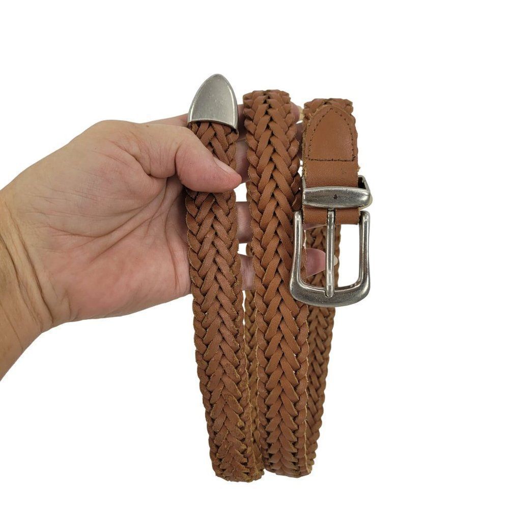 Braided Leather Belt XL 38" Tan Camel Weaved Silver Buckle Cowgirl Rodeo Country